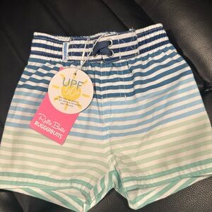RuffleButts (RuggedButts) Kids Swim Trunks - Blue and Green Stripes